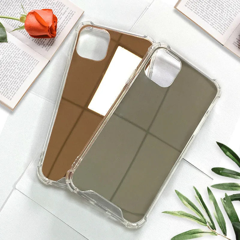 Phone case with mirror material and fall protection for iPhone models, compatible with multiple iPhone generations including 6G through 15 Pro Max, available in silver mirror and rose gold colours with back cover style design.