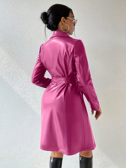 Women's long sleeve faux leather trench coat in various colors with pockets and slim fit design