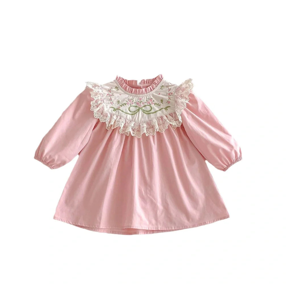 Pink cotton girls dress with lace stand collar and flower embroidery, long sleeves, princess silhouette