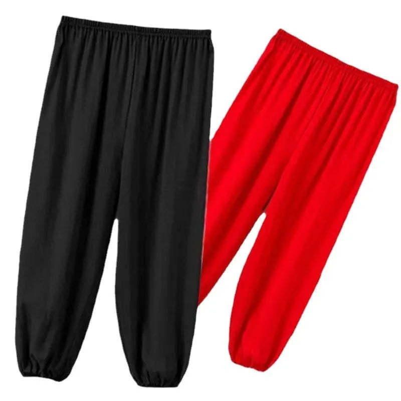 Children's high elasticity martial arts practice pants for Sanda in black, red, or white colours.