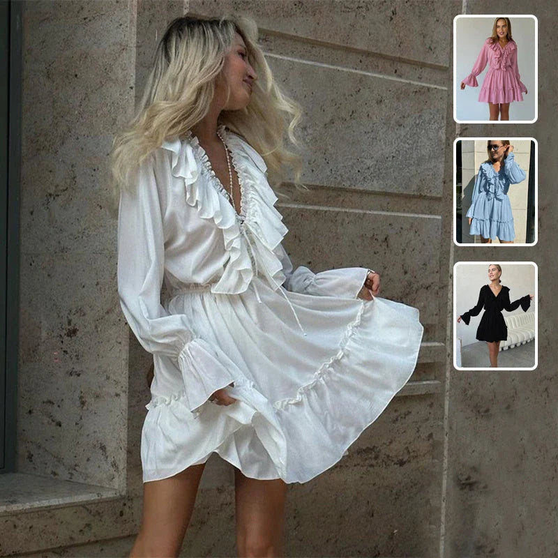 Stylish Y2K-inspired dress with pleated ruffles, flared sleeves, and a variety of vibrant color options