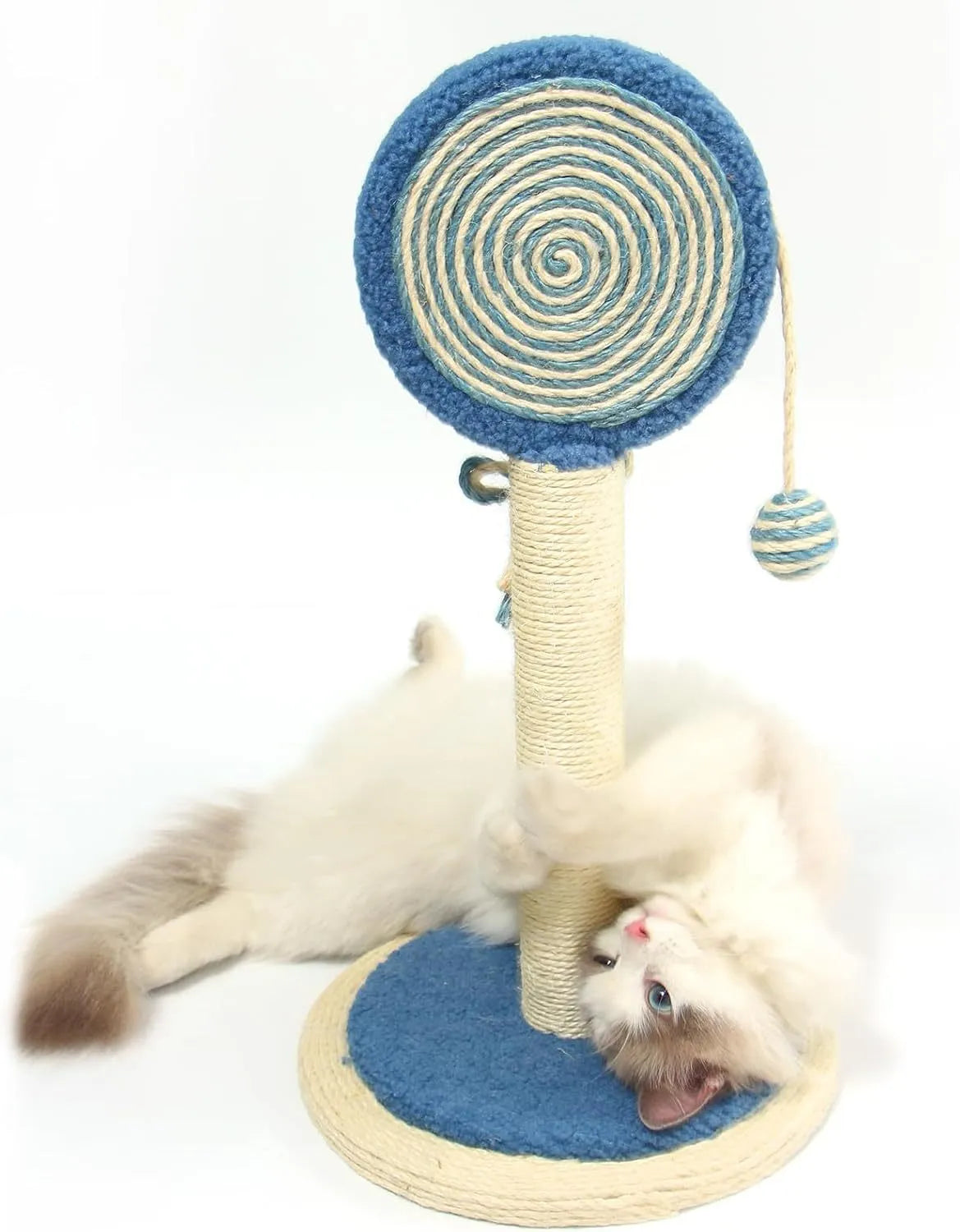 Blue cat scratching post with sisal rope and a hanging ball on a sturdy wooden base.