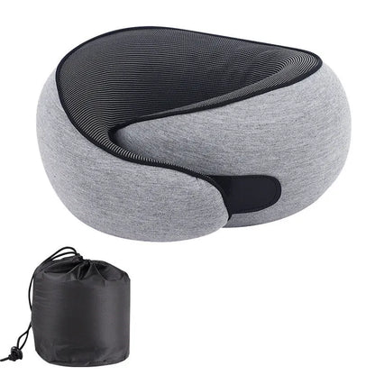 U-shaped grey memory foam travel neck pillow with storage bag.