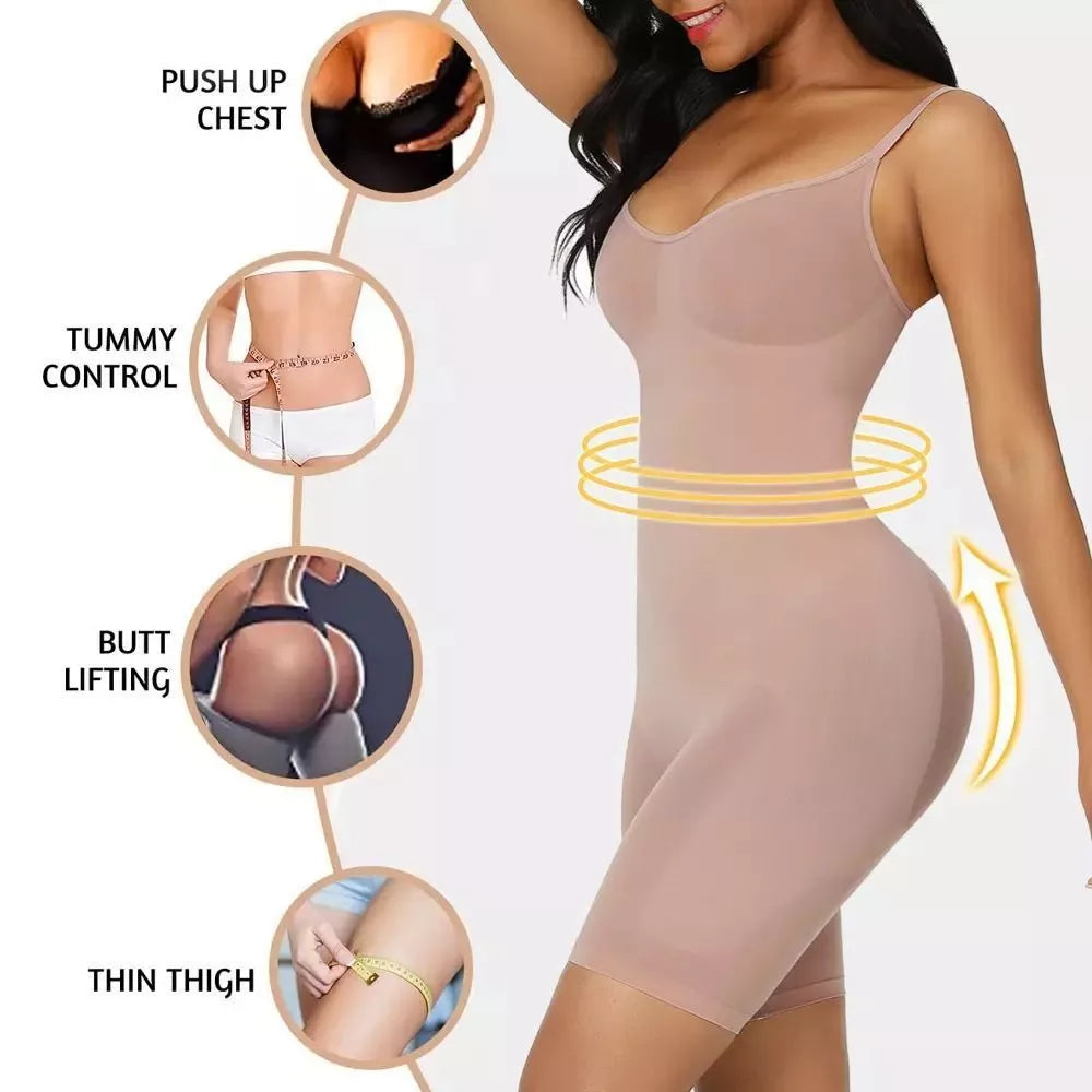Body-shaping corset in black, skin color, or brown with belly contracting and chest support features