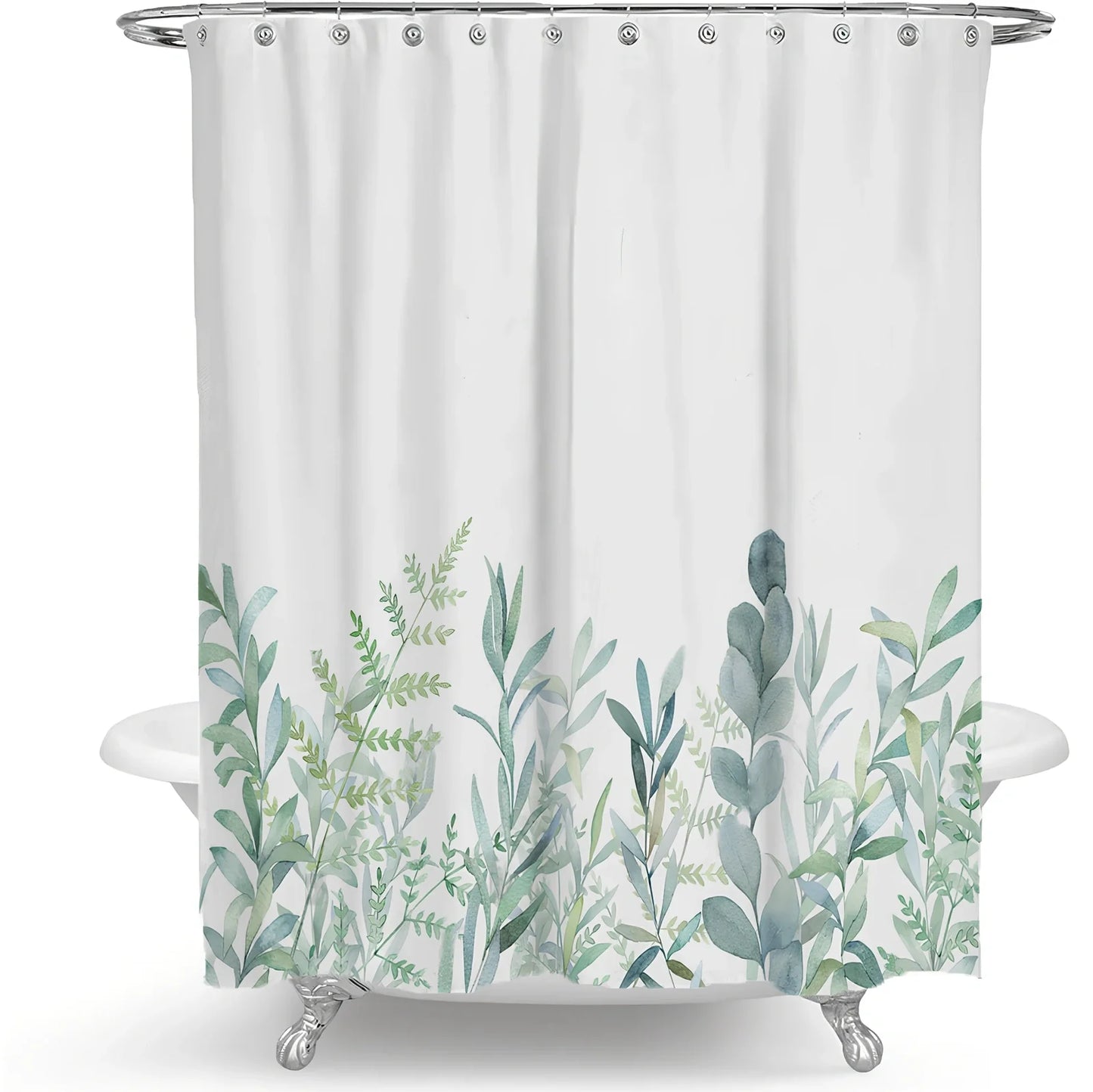 Floral plant shower curtain with Nordic Green Leaf pattern and colourful flowers on polyester fabric