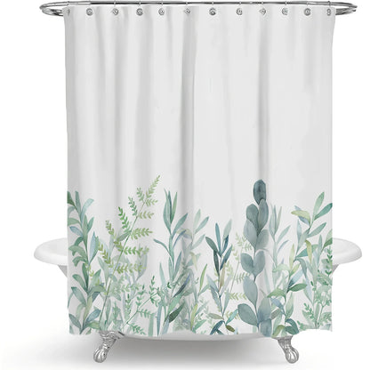 Floral plant shower curtain with Nordic Green Leaf pattern and colourful flowers on polyester fabric