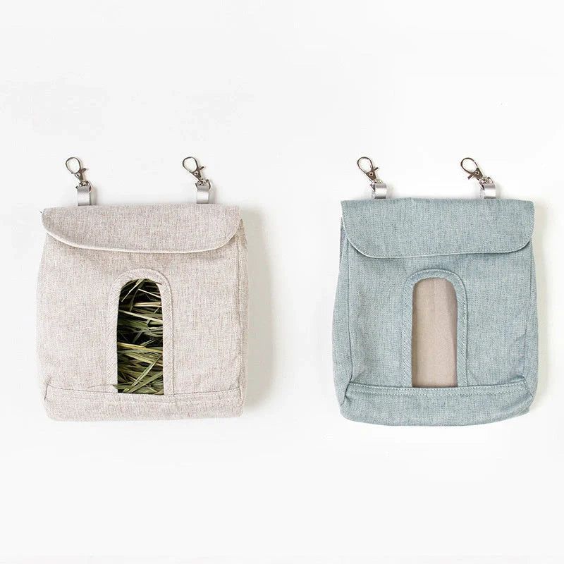 Versatile cloth feeding bags for small pets like rabbits, guinea pigs, hamsters, and chinchillas, available in grey and blue colors in small, medium, and large sizes