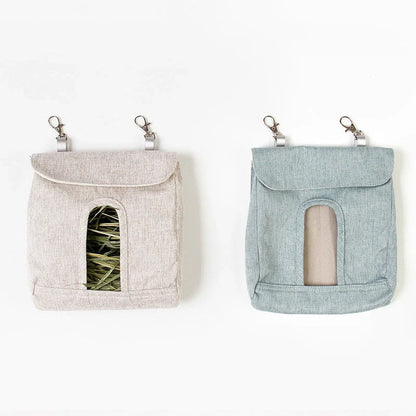 Versatile cloth feeding bags for small pets like rabbits, guinea pigs, hamsters, and chinchillas, available in grey and blue colors in small, medium, and large sizes