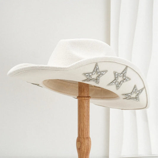 Woolen felt western denim top hat with conical crown and hexagonal star detail in size M 56-58cm