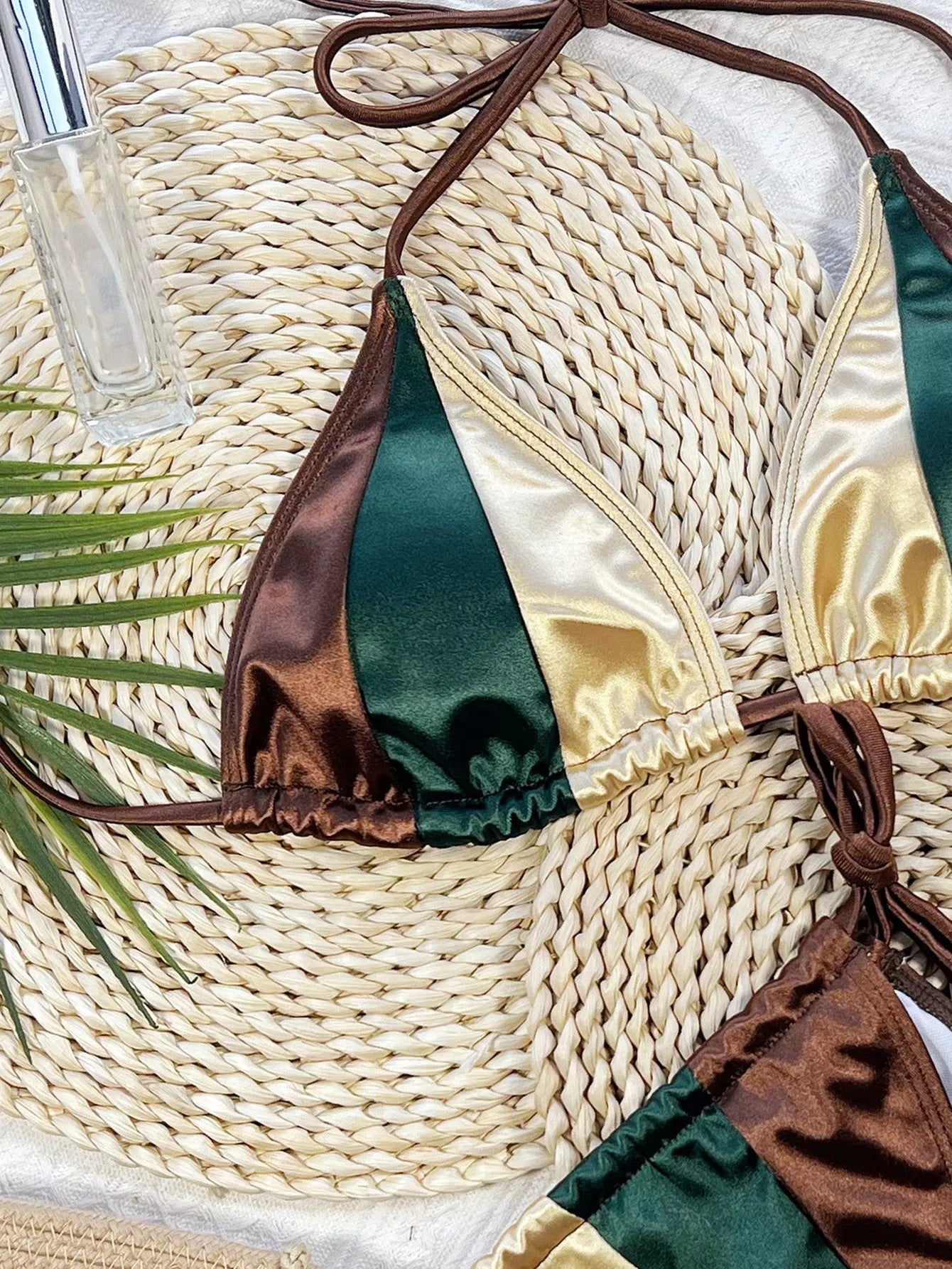 Women's solid color stitched bikini swimwear set in multicolor