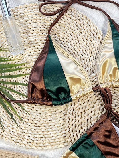 Women's solid color stitched bikini swimwear set in multicolor