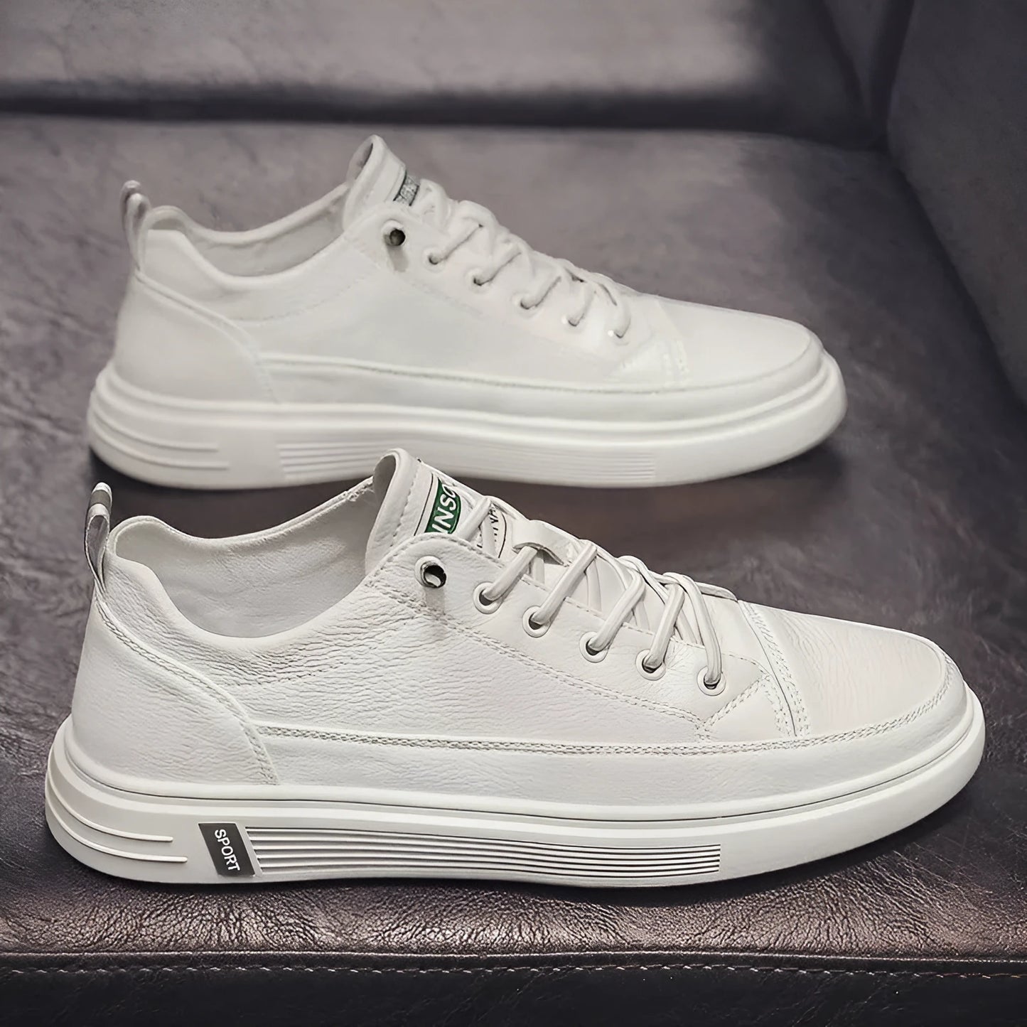 Men's casual flat-bottom shoes in beige, white, or black with a PU upper and round toe
