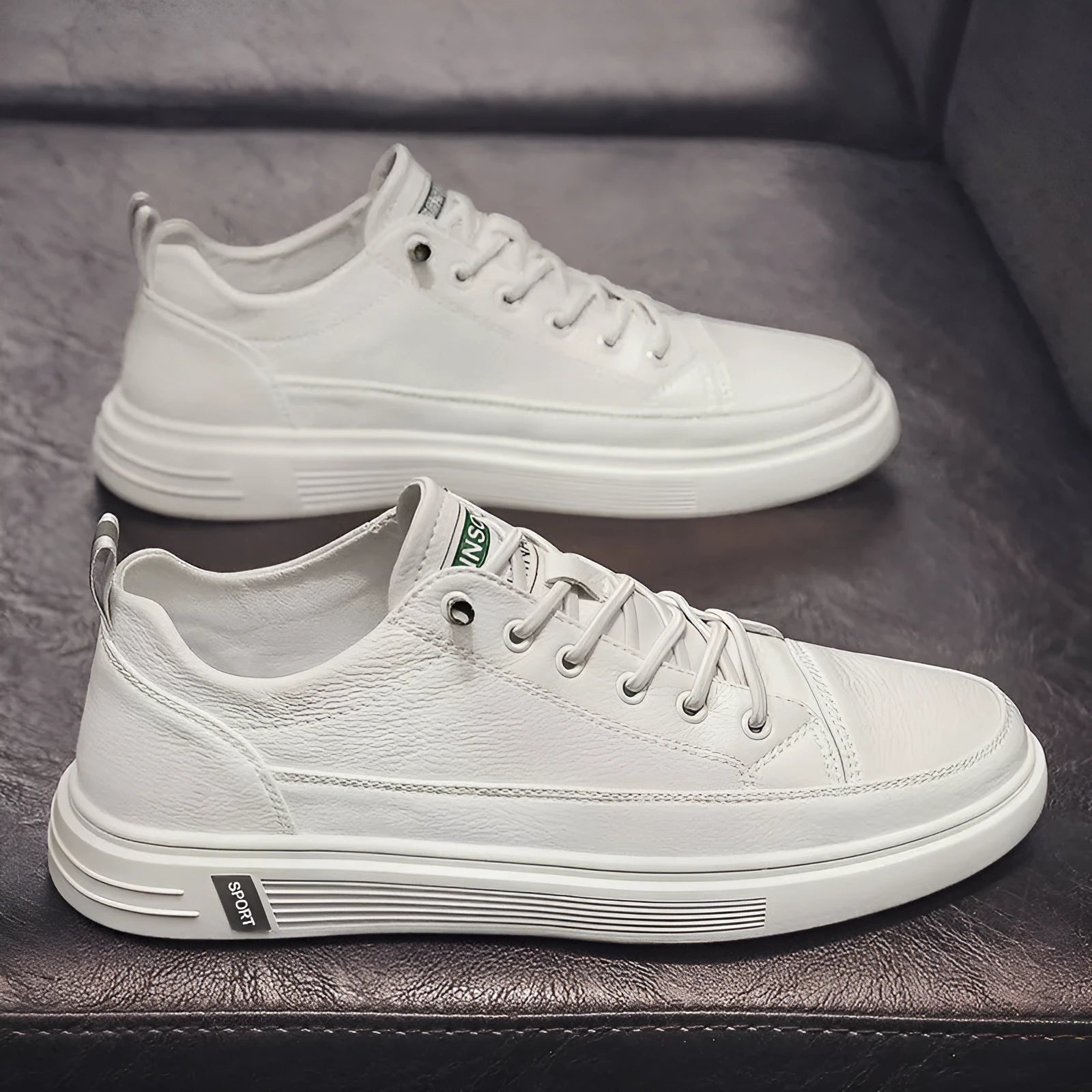 Men's casual flat-bottom shoes in beige, white, or black with a PU upper and round toe