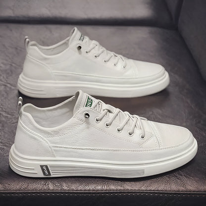 Men's casual flat-bottom shoes in beige, white, or black with a PU upper and round toe