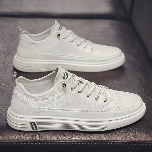 Men's casual flat-bottom shoes in beige, white, or black with a PU upper and round toe