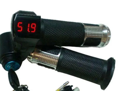 Electric vehicle handlebar control unit in blue, red, silver, and yellow colour options.