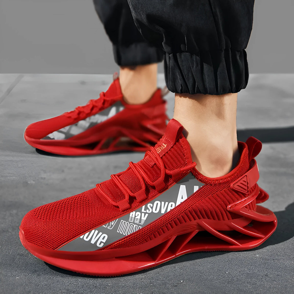 Men's casual shoes with breathable woven mesh upper in black, blue, red, or white colours showing embroidery detailing