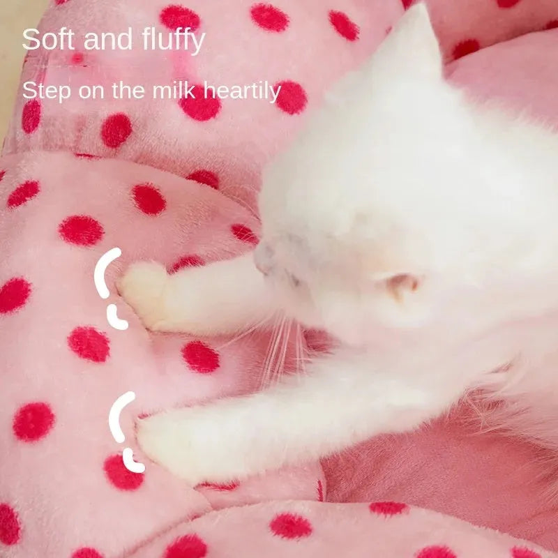 Pink dot pattern fabric cat bed shown in two size options: 45cm and 65cm diameter.