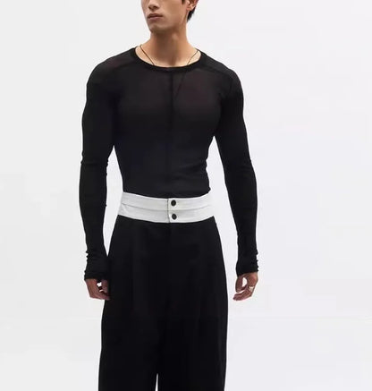 Black mesh see-through texture slim-fit long sleeve women's pullover on a hanger