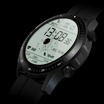 Round smartwatch with aluminium alloy case on wrist, showing interface with heart rate data.