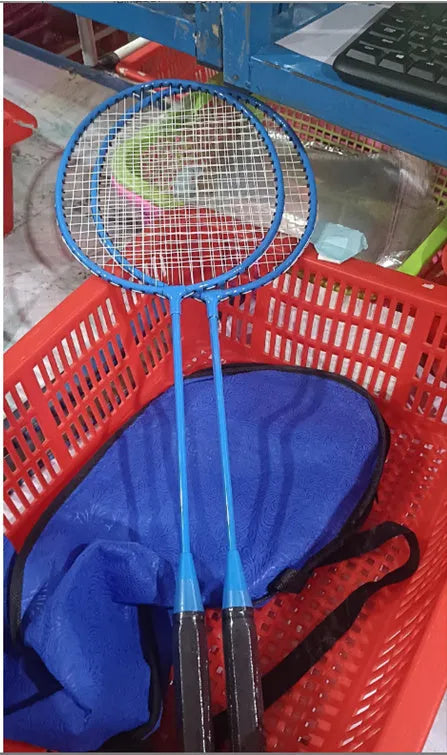 Pair of blue and red split badminton rackets showing separated and assembled states