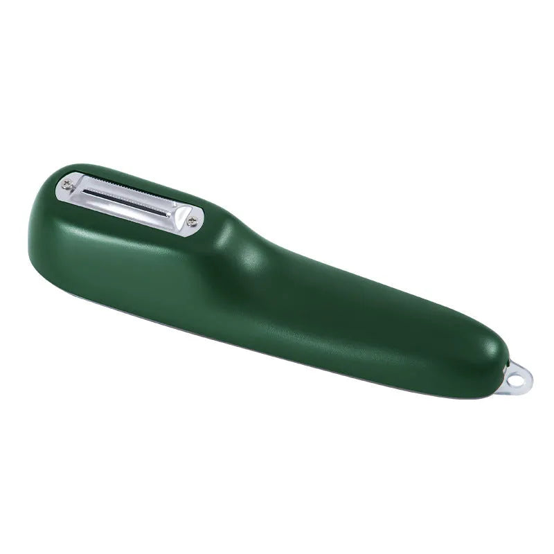 Dark green and light green kitchen peeler with storage tube and stainless steel blade