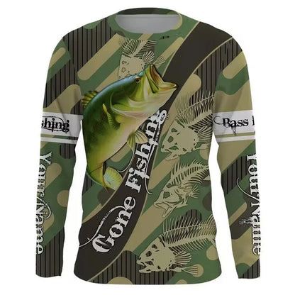 Men's grey pullover top with a colourful printed fish design on the front, showcasing long sleeves and a round neck.