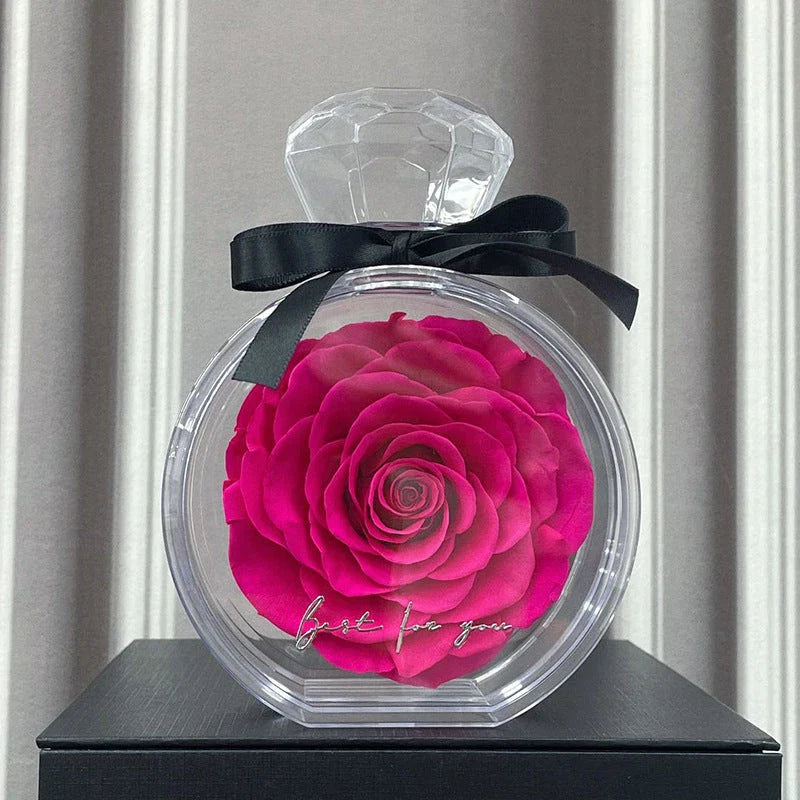 Preserved floral ornaments in various colors, displayed in a transparent cover for elegant home decor