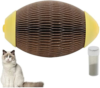 Ellipse-shaped corrugated paper cat toy ball with a scratch surface on a wooden floor.