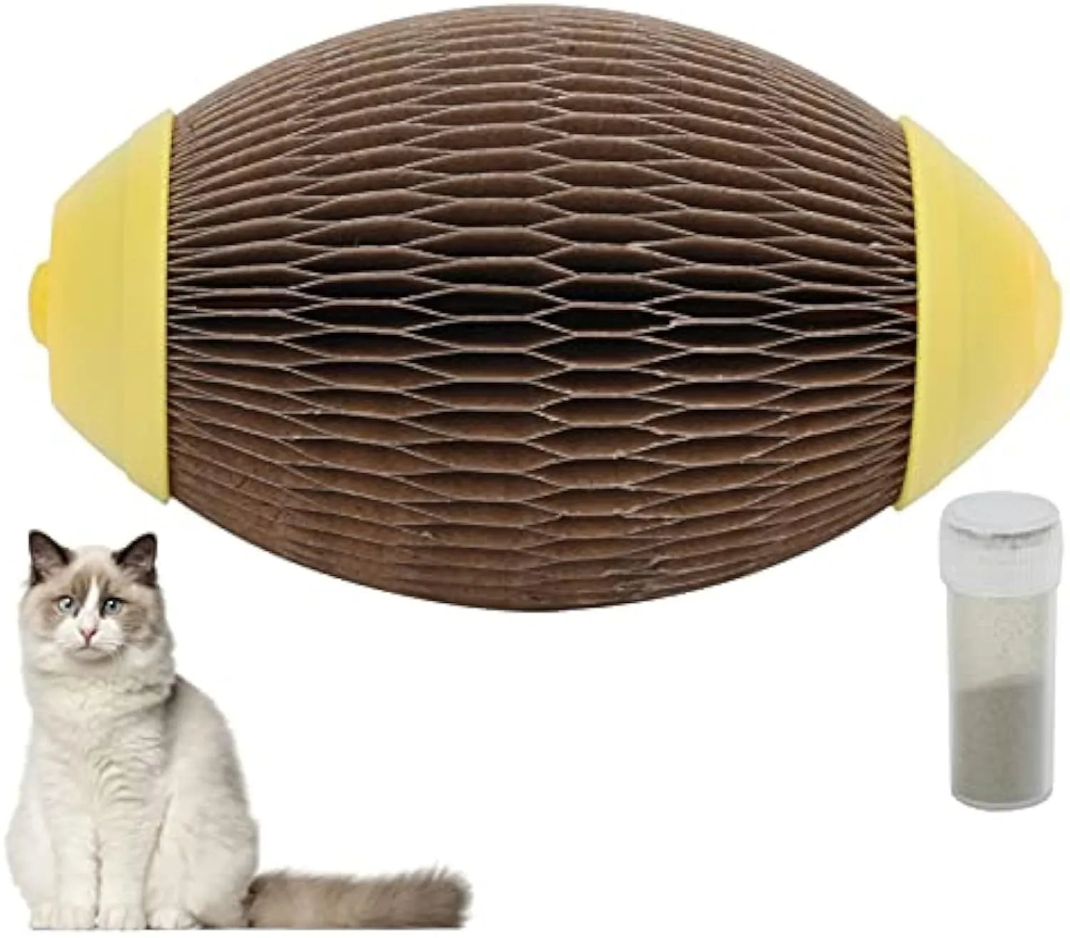 Elliptical corrugated paper cat toy with a scratchable surface and a slot for inserting catnip.