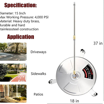 Stainless steel 3-wheel floor cleaner with extended pole and brass gun head for high-pressure washing