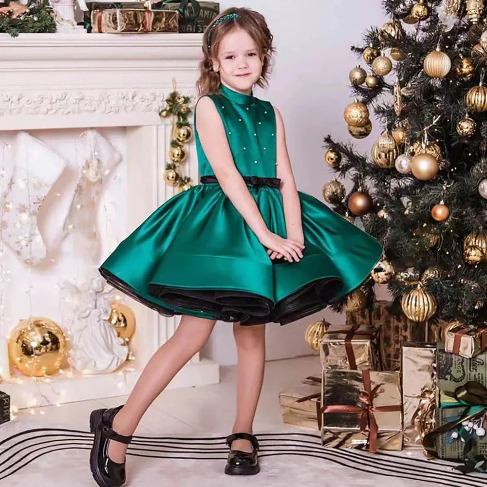 Green pettiskirt princess dress for girls with seven height sizes from 100cm to 160cm, polyester fabric