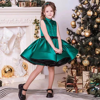 Green pettiskirt princess dress for girls with seven height sizes from 100cm to 160cm, polyester fabric