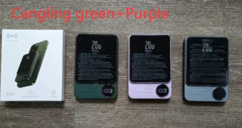 MagSafe magnetic wireless power bank in Cangling Green for iPhone 14, showing aluminium alloy case.