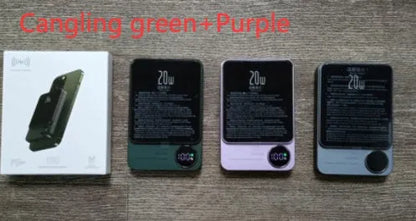 MagSafe magnetic wireless power bank in Cangling Green for iPhone 14, showing aluminium alloy case.