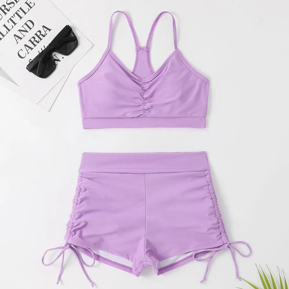 Women's purple or black high-waist split swimsuit with sleeveless design for swimming