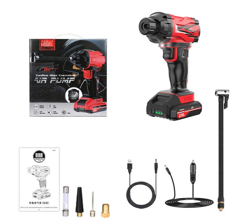 Red and black portable car wireless air pump with nozzle attachments and power cable