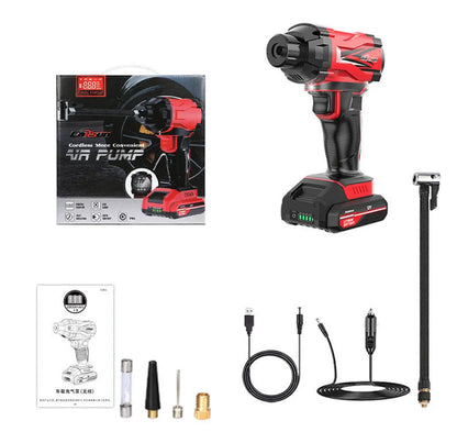 Red and black portable car wireless air pump with nozzle attachments and power cable