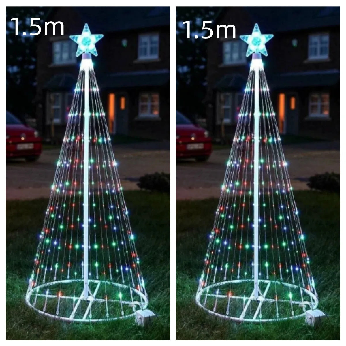 Multi-colour LED animated outdoor Christmas tree lights showing garden installation with 1.5m and 2m size options