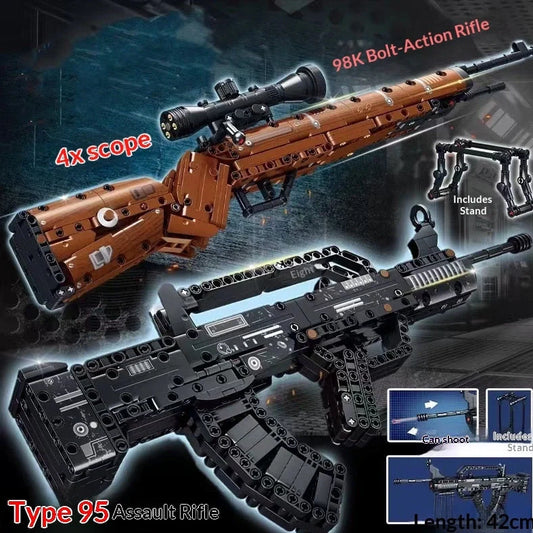 Building blocks sniper rifle assembly toy with bullet launch mechanism in gift box packaging