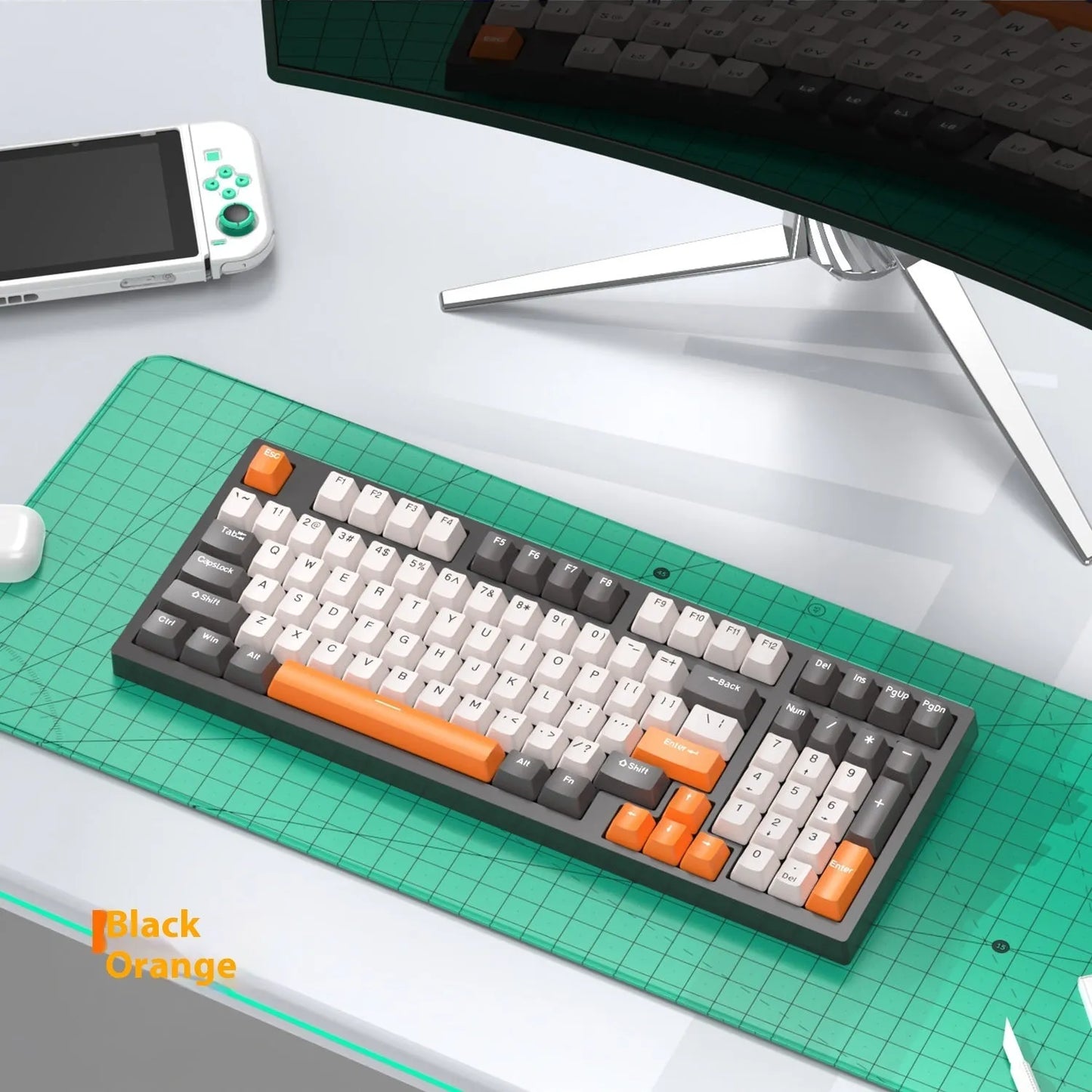 K98 mechanical keyboard and matching wireless mouse in a selected colour from the range on a desk.