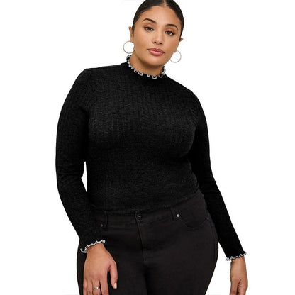 Women's half-high collar long sleeves t-shirt in rib sunken stripe fabric, available in multiple colors