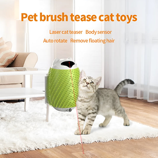 Salmon pink automatic pet grooming brush with sensor, silicone bristles, and massager for cats