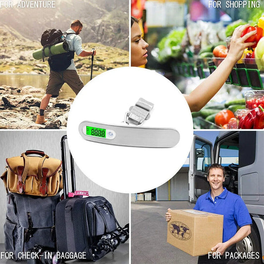 Silver digital luggage scale with LCD display showing weight measurement and integrated hanging belt
