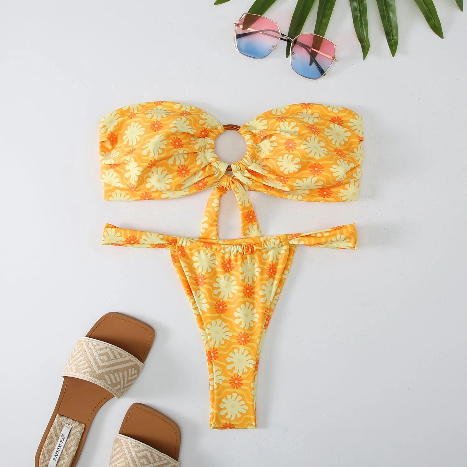 Women's floral print tube top ring bikini swimsuit with high elasticity for swimming and fitness activities