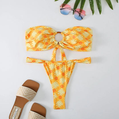Women's floral print tube top ring bikini swimsuit with high elasticity for swimming and fitness activities