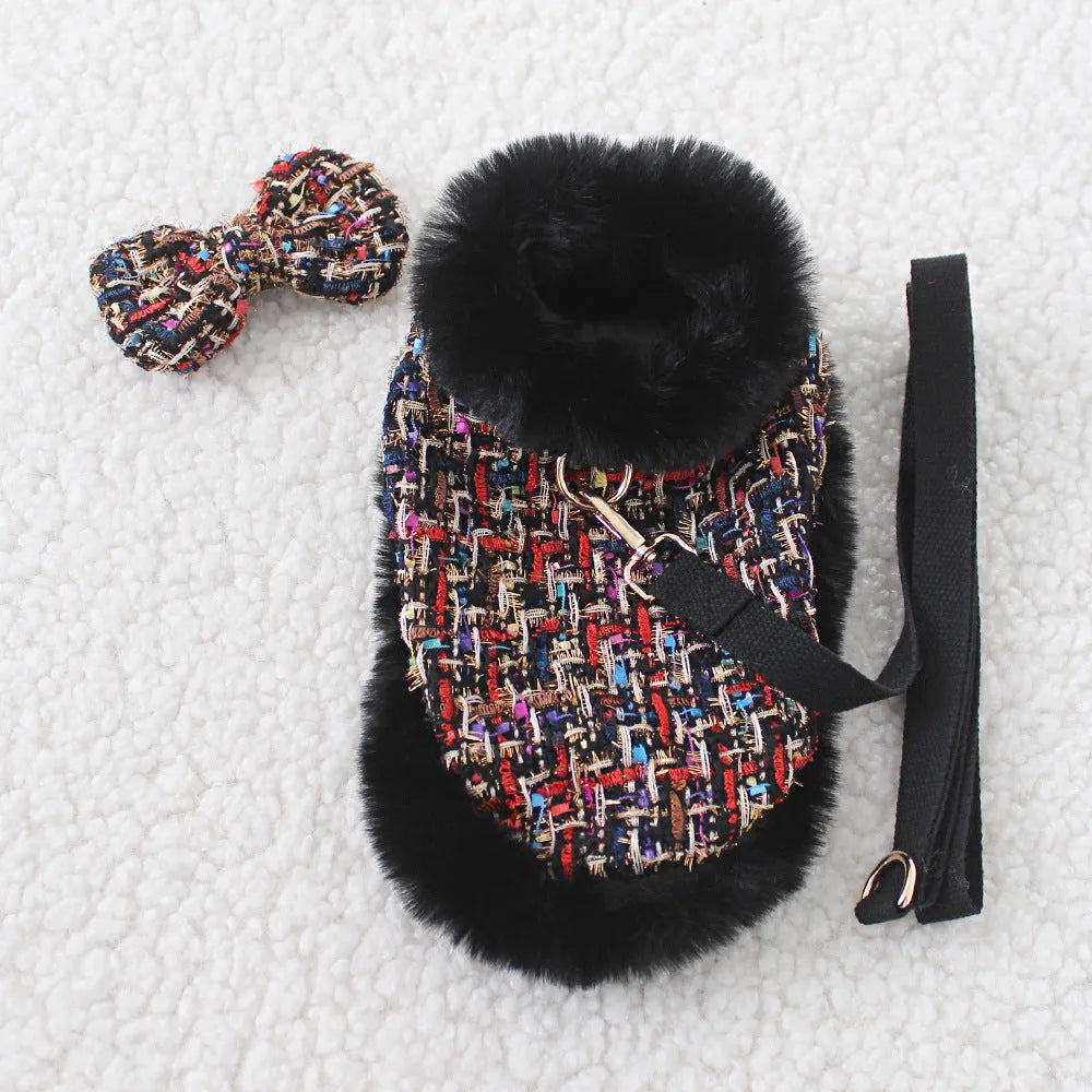 Classic style dog lead with cloth cloak, shown in beret, bow, and plain cloak options.