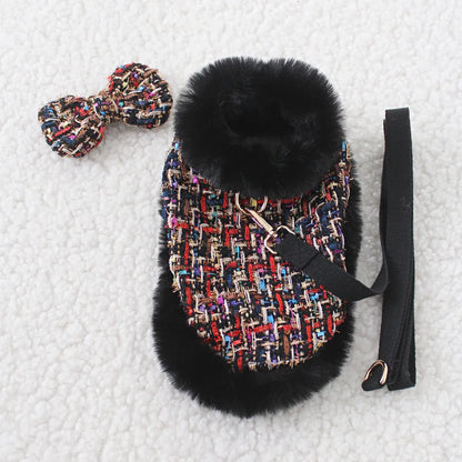 Classic style dog lead with cloth cloak, shown in beret, bow, and plain cloak options.