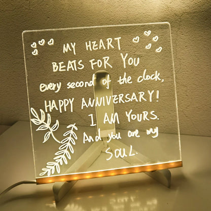 Acrylic DIY Note Board LED Night Light with colorful pens on a desk