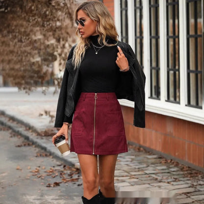 High waist short skirt for women in black with front zipper, 40-45cm length, on a hanger